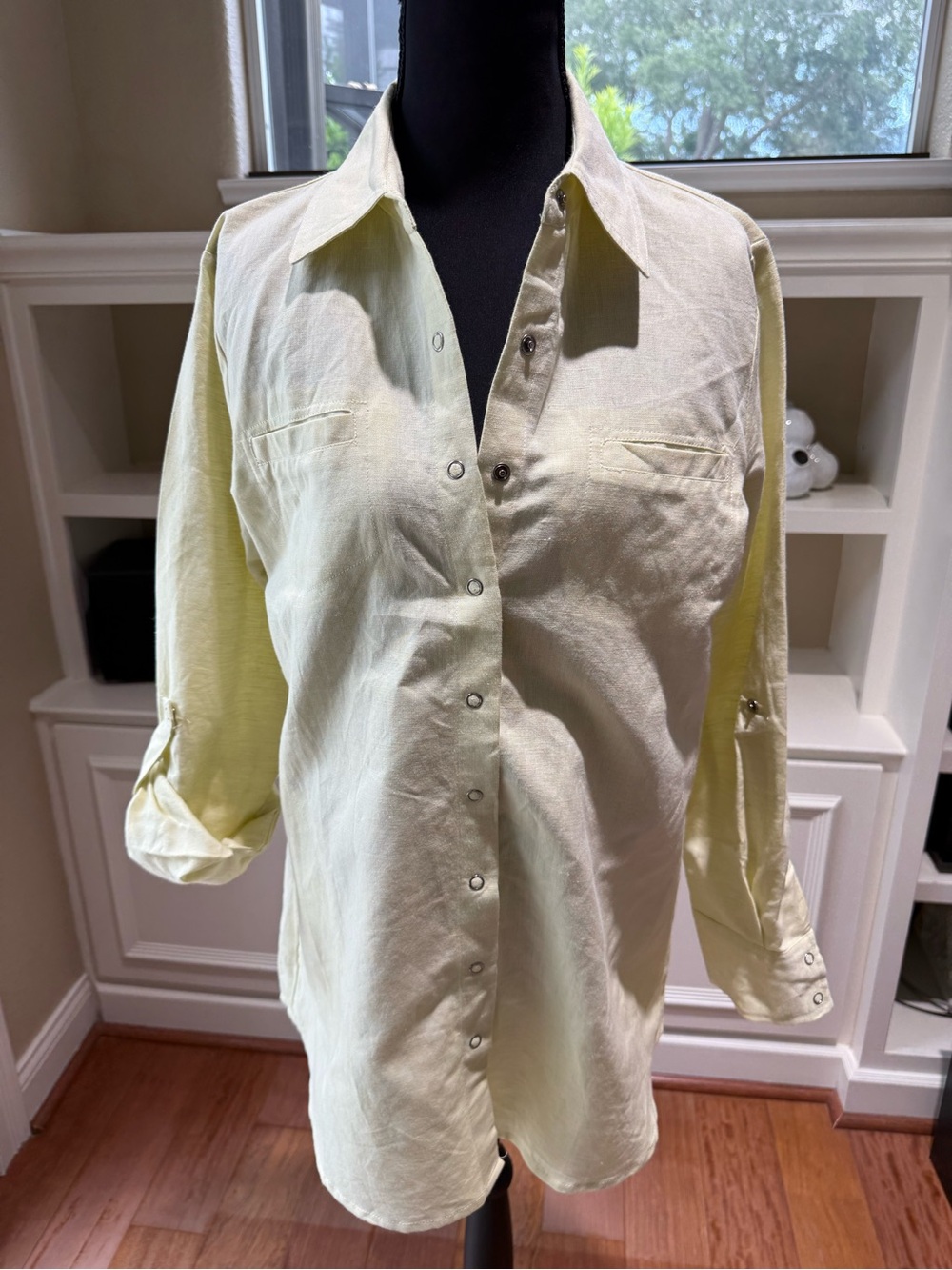100% Linen Structured M Light Yellow Carole Little Snap Button-Front Tunic Shirt